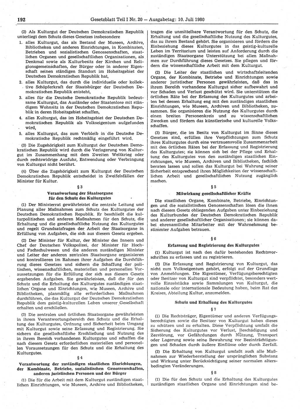 Gesetzblatt (GBl.) der Deutschen Demokratischen Republik (DDR) Teil Ⅰ 1980, Seite 192 (GBl. DDR Ⅰ 1980, S. 192)