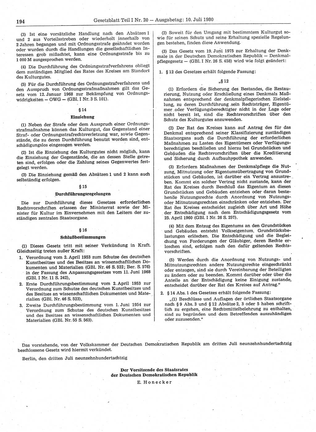 Gesetzblatt (GBl.) der Deutschen Demokratischen Republik (DDR) Teil Ⅰ 1980, Seite 194 (GBl. DDR Ⅰ 1980, S. 194)