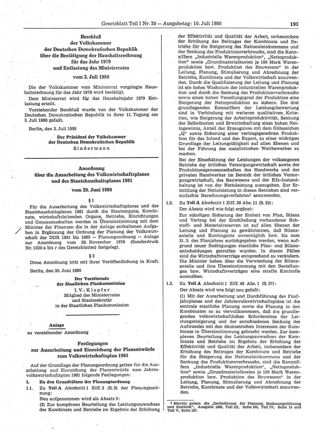 Gesetzblatt (GBl.) der Deutschen Demokratischen Republik (DDR) Teil Ⅰ 1980, Seite 195 (GBl. DDR Ⅰ 1980, S. 195)
