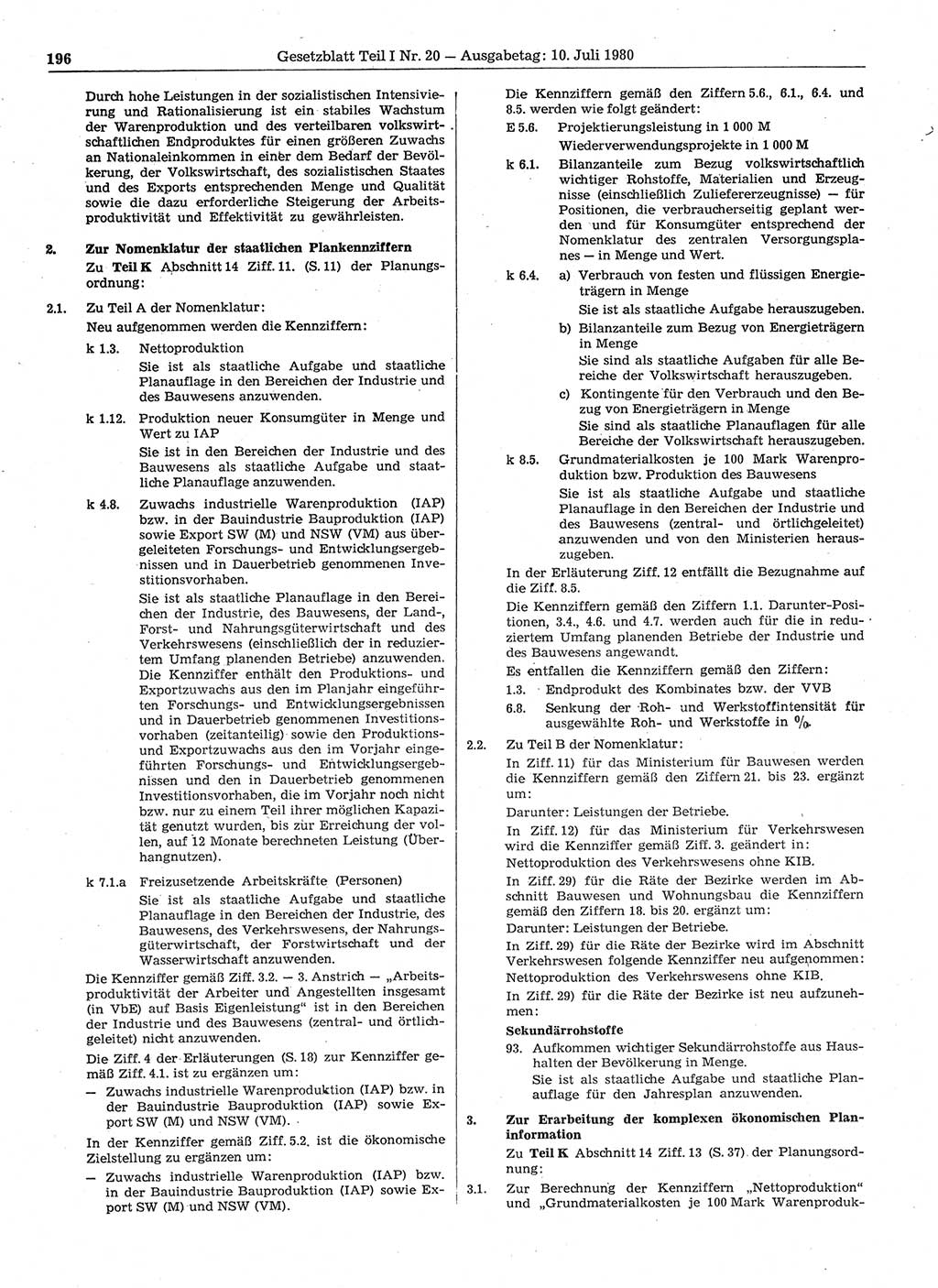 Gesetzblatt (GBl.) der Deutschen Demokratischen Republik (DDR) Teil Ⅰ 1980, Seite 196 (GBl. DDR Ⅰ 1980, S. 196)
