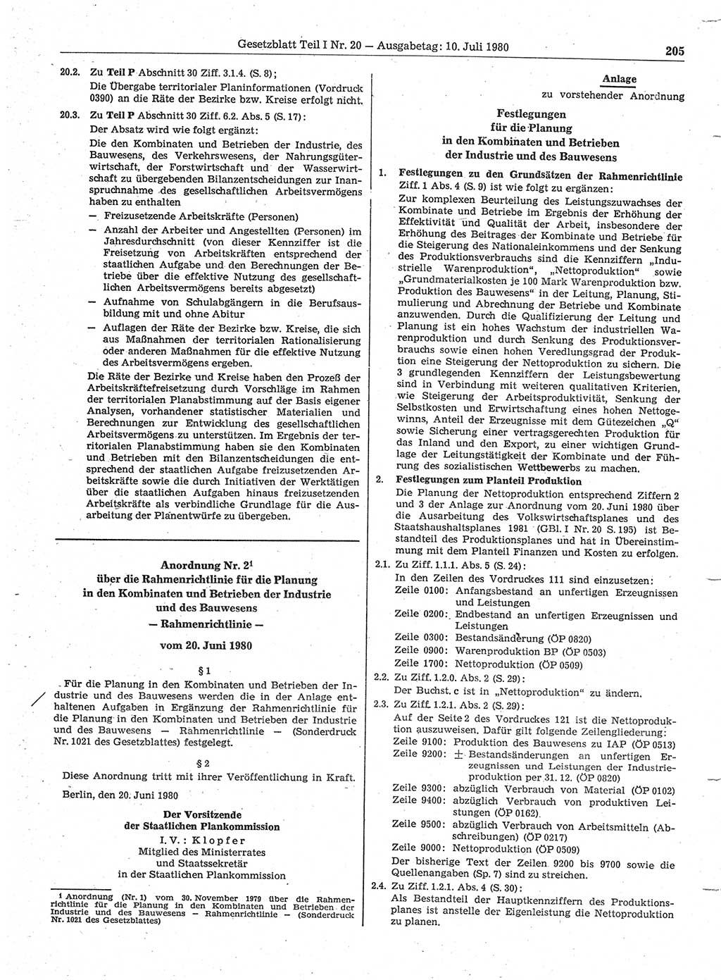 Gesetzblatt (GBl.) der Deutschen Demokratischen Republik (DDR) Teil Ⅰ 1980, Seite 205 (GBl. DDR Ⅰ 1980, S. 205)