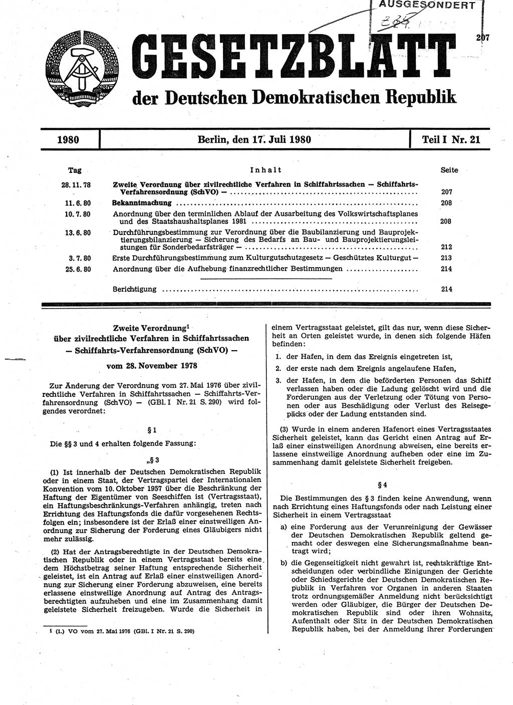 Gesetzblatt (GBl.) der Deutschen Demokratischen Republik (DDR) Teil Ⅰ 1980, Seite 207 (GBl. DDR Ⅰ 1980, S. 207)