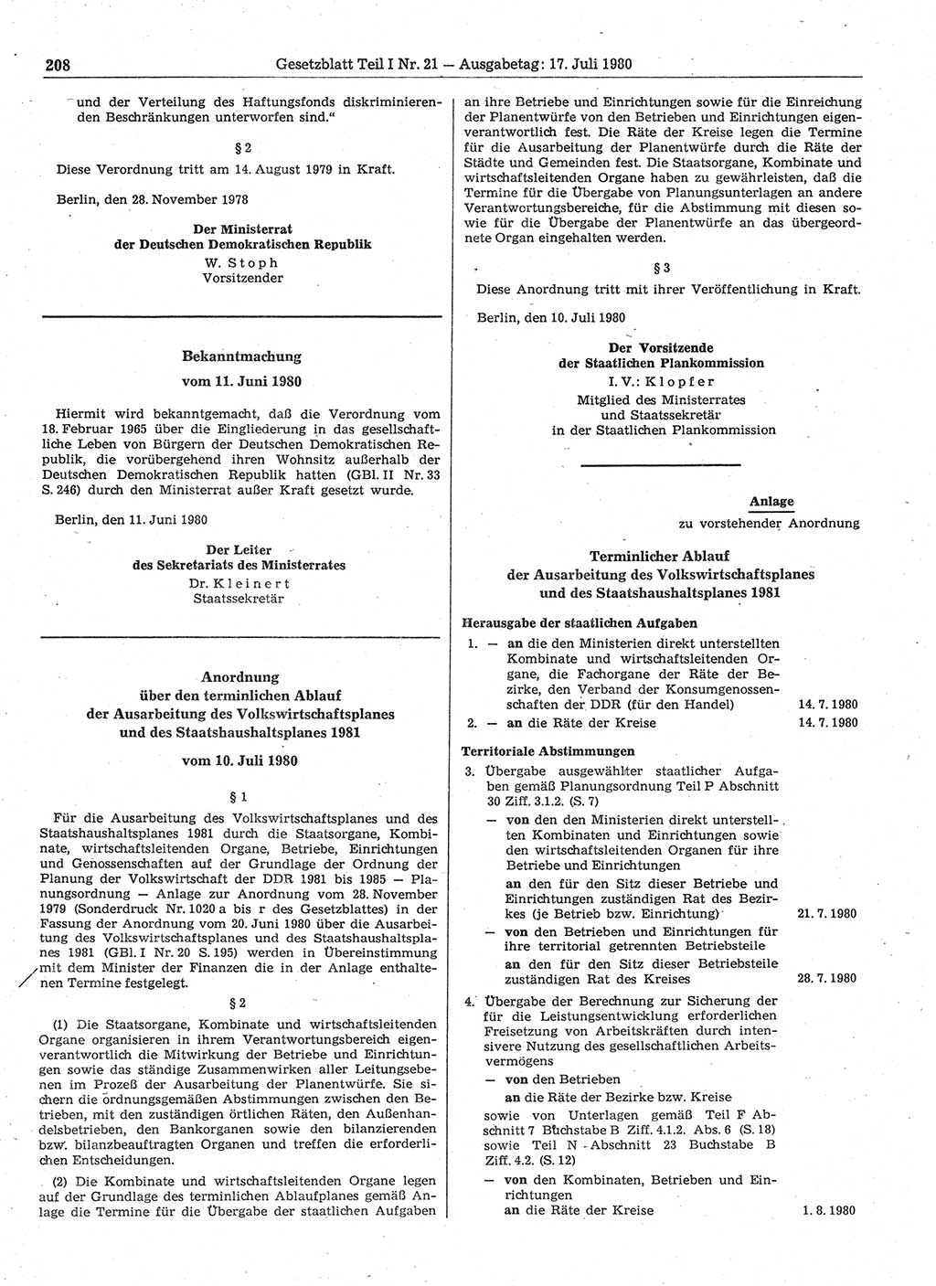 Gesetzblatt (GBl.) der Deutschen Demokratischen Republik (DDR) Teil Ⅰ 1980, Seite 208 (GBl. DDR Ⅰ 1980, S. 208)