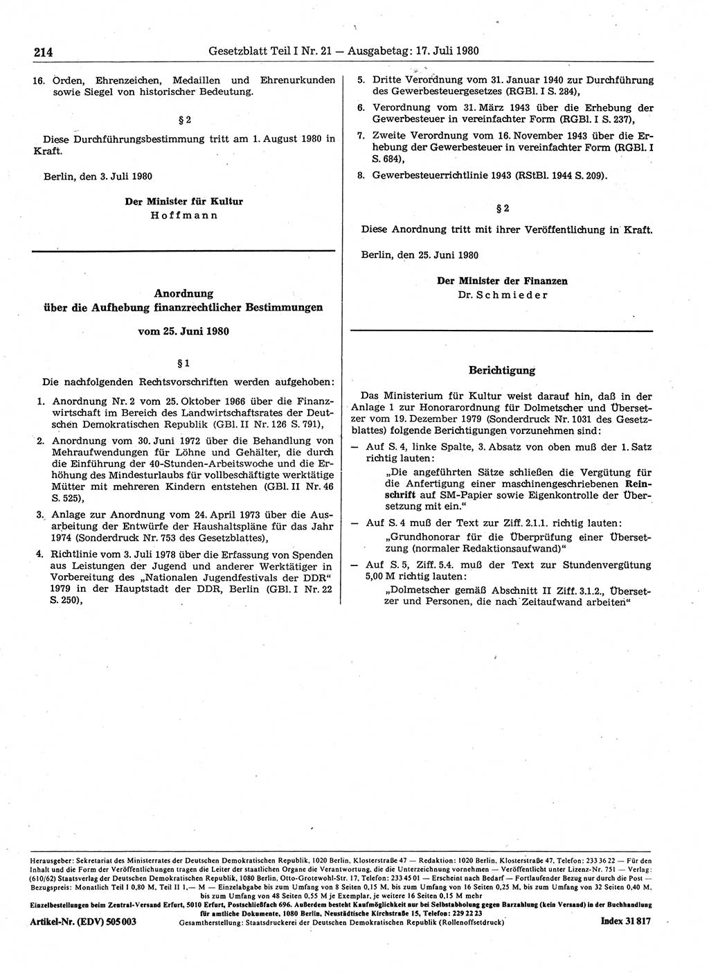 Gesetzblatt (GBl.) der Deutschen Demokratischen Republik (DDR) Teil Ⅰ 1980, Seite 214 (GBl. DDR Ⅰ 1980, S. 214)