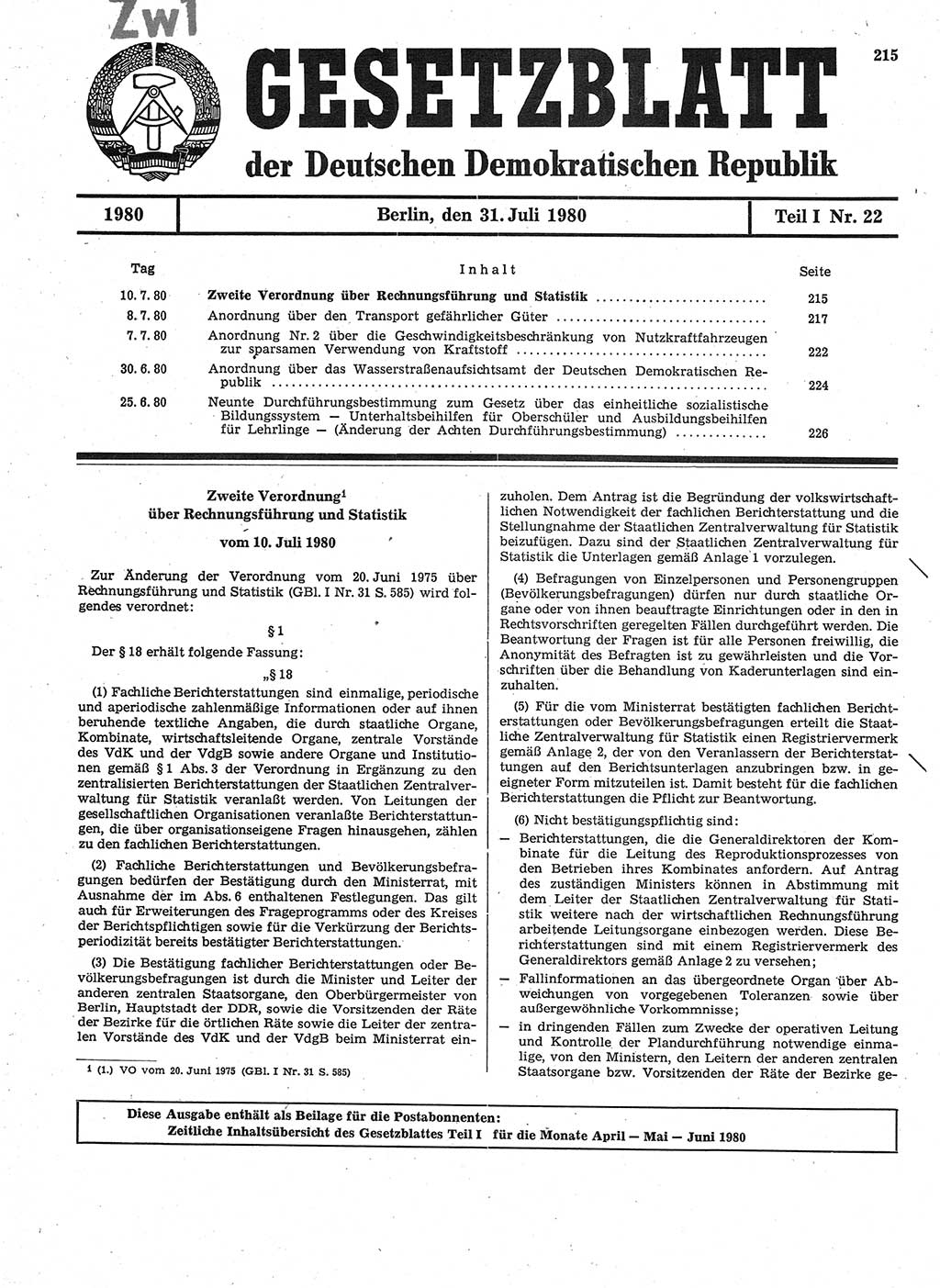 Gesetzblatt (GBl.) der Deutschen Demokratischen Republik (DDR) Teil Ⅰ 1980, Seite 215 (GBl. DDR Ⅰ 1980, S. 215)