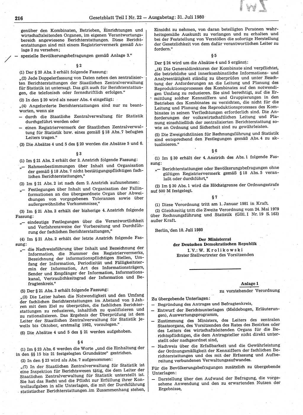 Gesetzblatt (GBl.) der Deutschen Demokratischen Republik (DDR) Teil Ⅰ 1980, Seite 216 (GBl. DDR Ⅰ 1980, S. 216)