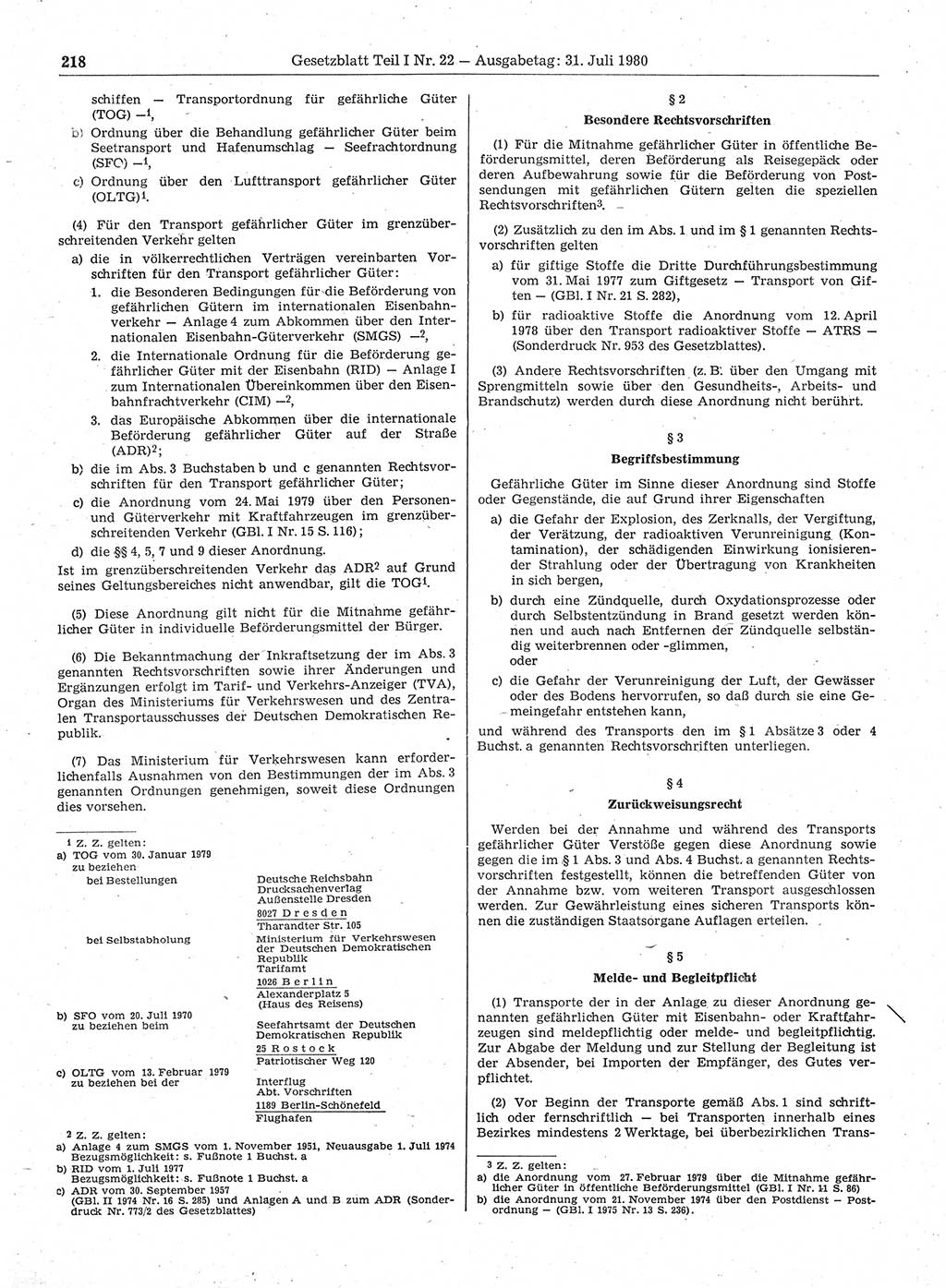 Gesetzblatt (GBl.) der Deutschen Demokratischen Republik (DDR) Teil Ⅰ 1980, Seite 218 (GBl. DDR Ⅰ 1980, S. 218)