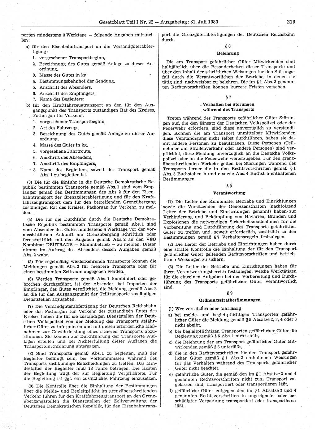 Gesetzblatt (GBl.) der Deutschen Demokratischen Republik (DDR) Teil Ⅰ 1980, Seite 219 (GBl. DDR Ⅰ 1980, S. 219)