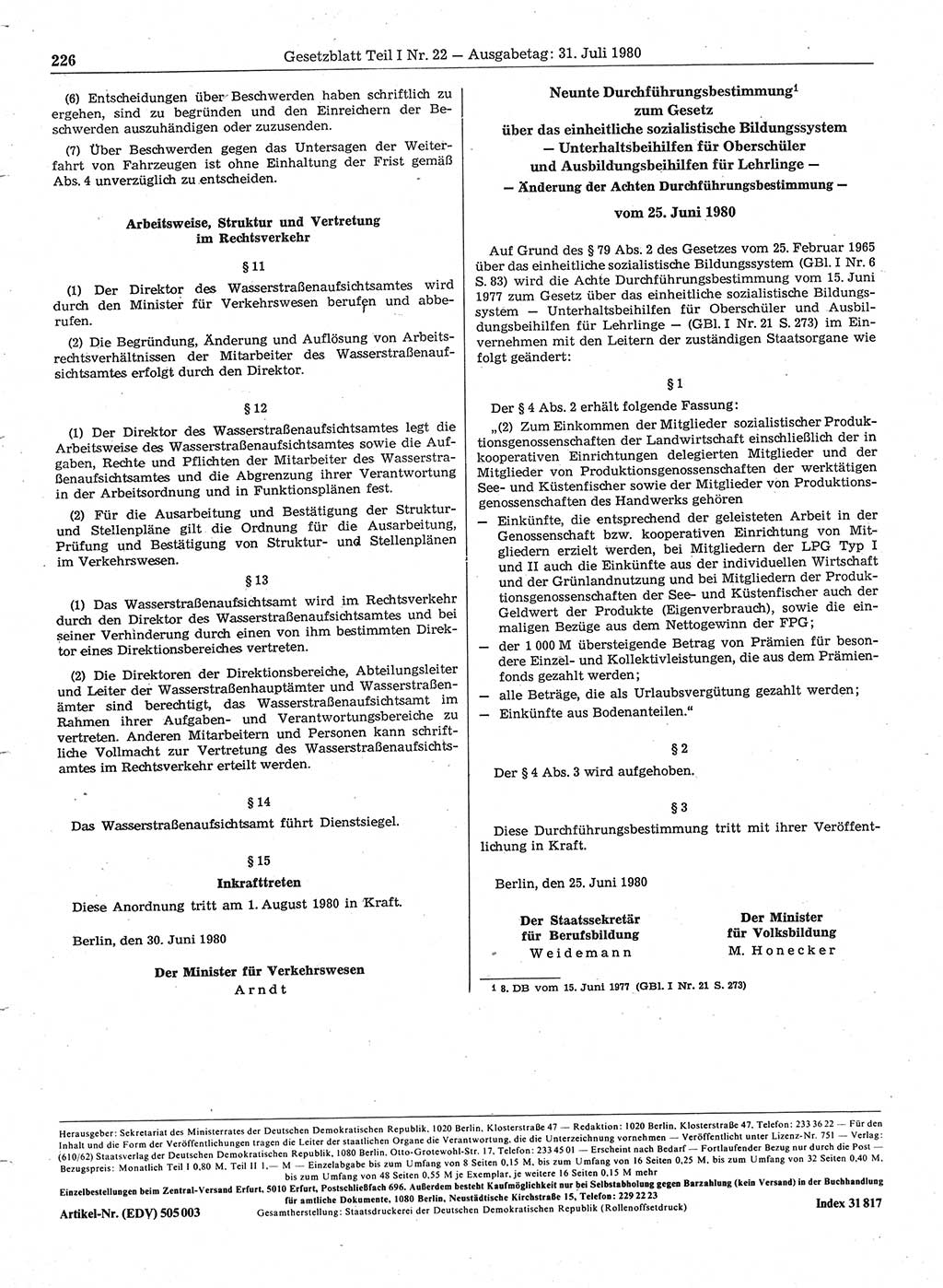 Gesetzblatt (GBl.) der Deutschen Demokratischen Republik (DDR) Teil Ⅰ 1980, Seite 226 (GBl. DDR Ⅰ 1980, S. 226)