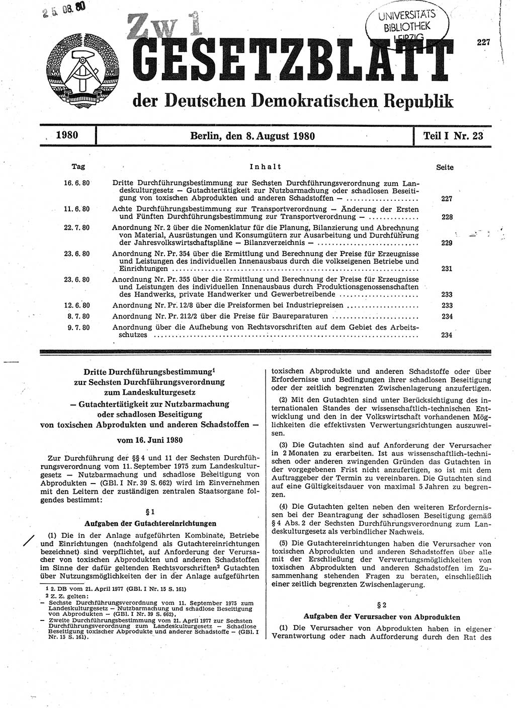 Gesetzblatt (GBl.) der Deutschen Demokratischen Republik (DDR) Teil Ⅰ 1980, Seite 227 (GBl. DDR Ⅰ 1980, S. 227)
