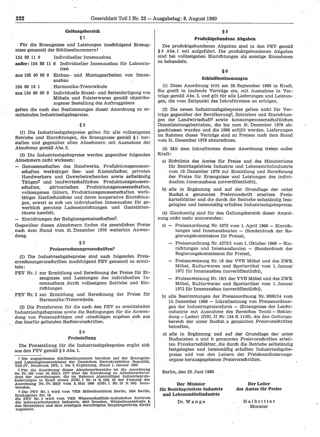 Gesetzblatt (GBl.) der Deutschen Demokratischen Republik (DDR) Teil Ⅰ 1980, Seite 232 (GBl. DDR Ⅰ 1980, S. 232)