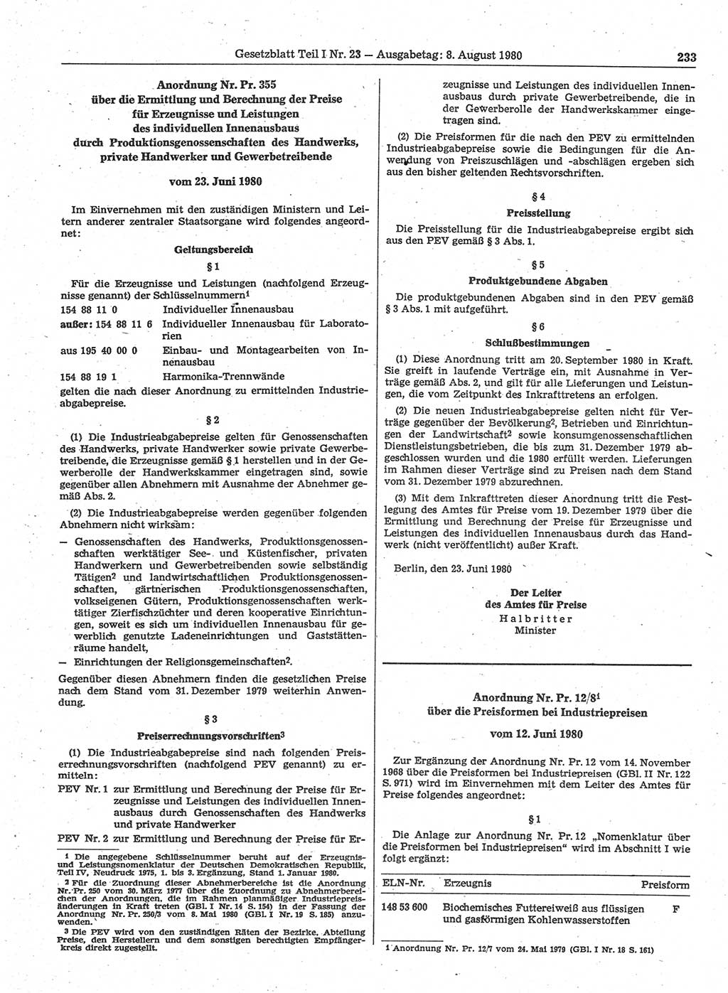 Gesetzblatt (GBl.) der Deutschen Demokratischen Republik (DDR) Teil Ⅰ 1980, Seite 233 (GBl. DDR Ⅰ 1980, S. 233)