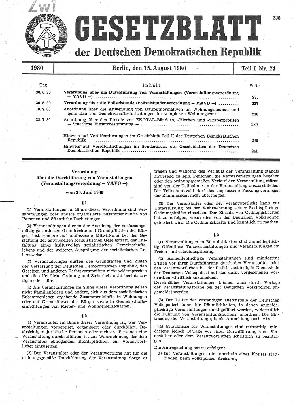 Gesetzblatt (GBl.) der Deutschen Demokratischen Republik (DDR) Teil Ⅰ 1980, Seite 235 (GBl. DDR Ⅰ 1980, S. 235)