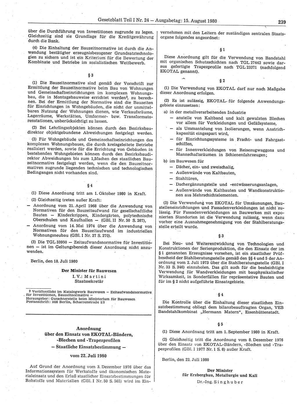 Gesetzblatt (GBl.) der Deutschen Demokratischen Republik (DDR) Teil Ⅰ 1980, Seite 239 (GBl. DDR Ⅰ 1980, S. 239)