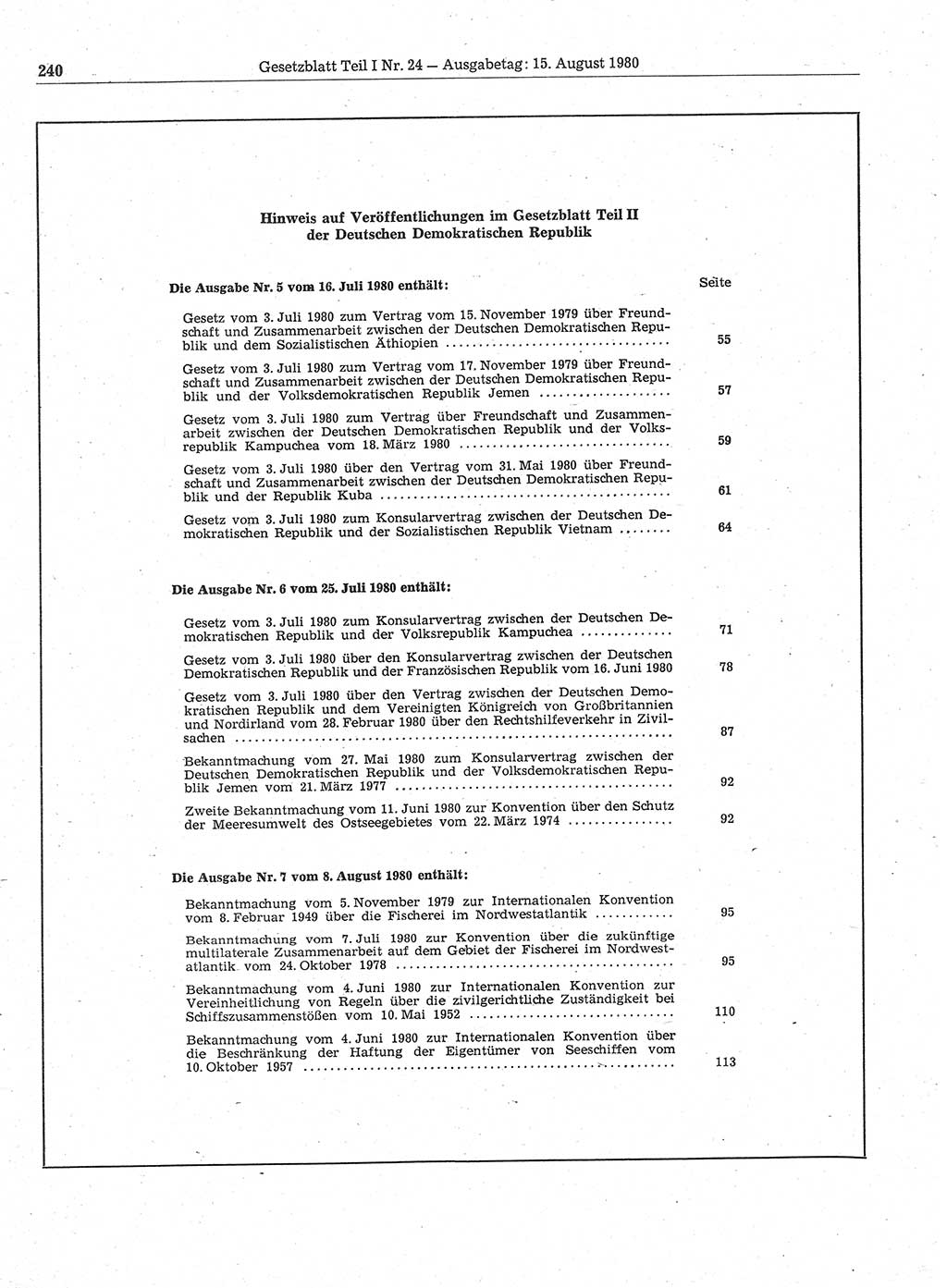 Gesetzblatt (GBl.) der Deutschen Demokratischen Republik (DDR) Teil Ⅰ 1980, Seite 240 (GBl. DDR Ⅰ 1980, S. 240)