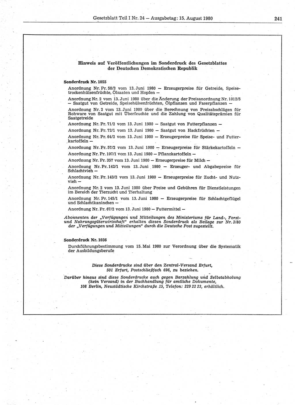 Gesetzblatt (GBl.) der Deutschen Demokratischen Republik (DDR) Teil Ⅰ 1980, Seite 241 (GBl. DDR Ⅰ 1980, S. 241)