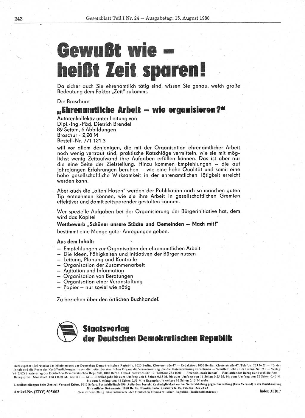 Gesetzblatt (GBl.) der Deutschen Demokratischen Republik (DDR) Teil Ⅰ 1980, Seite 242 (GBl. DDR Ⅰ 1980, S. 242)