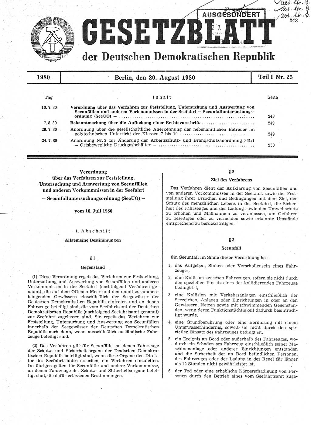 Gesetzblatt (GBl.) der Deutschen Demokratischen Republik (DDR) Teil Ⅰ 1980, Seite 243 (GBl. DDR Ⅰ 1980, S. 243)
