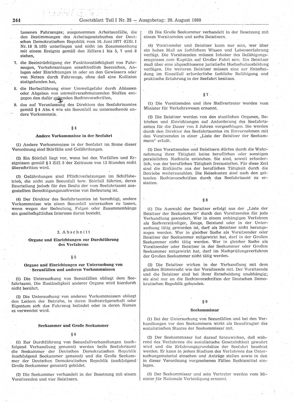 Gesetzblatt (GBl.) der Deutschen Demokratischen Republik (DDR) Teil Ⅰ 1980, Seite 244 (GBl. DDR Ⅰ 1980, S. 244)