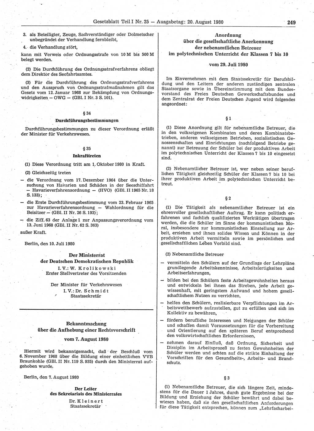 Gesetzblatt (GBl.) der Deutschen Demokratischen Republik (DDR) Teil Ⅰ 1980, Seite 249 (GBl. DDR Ⅰ 1980, S. 249)