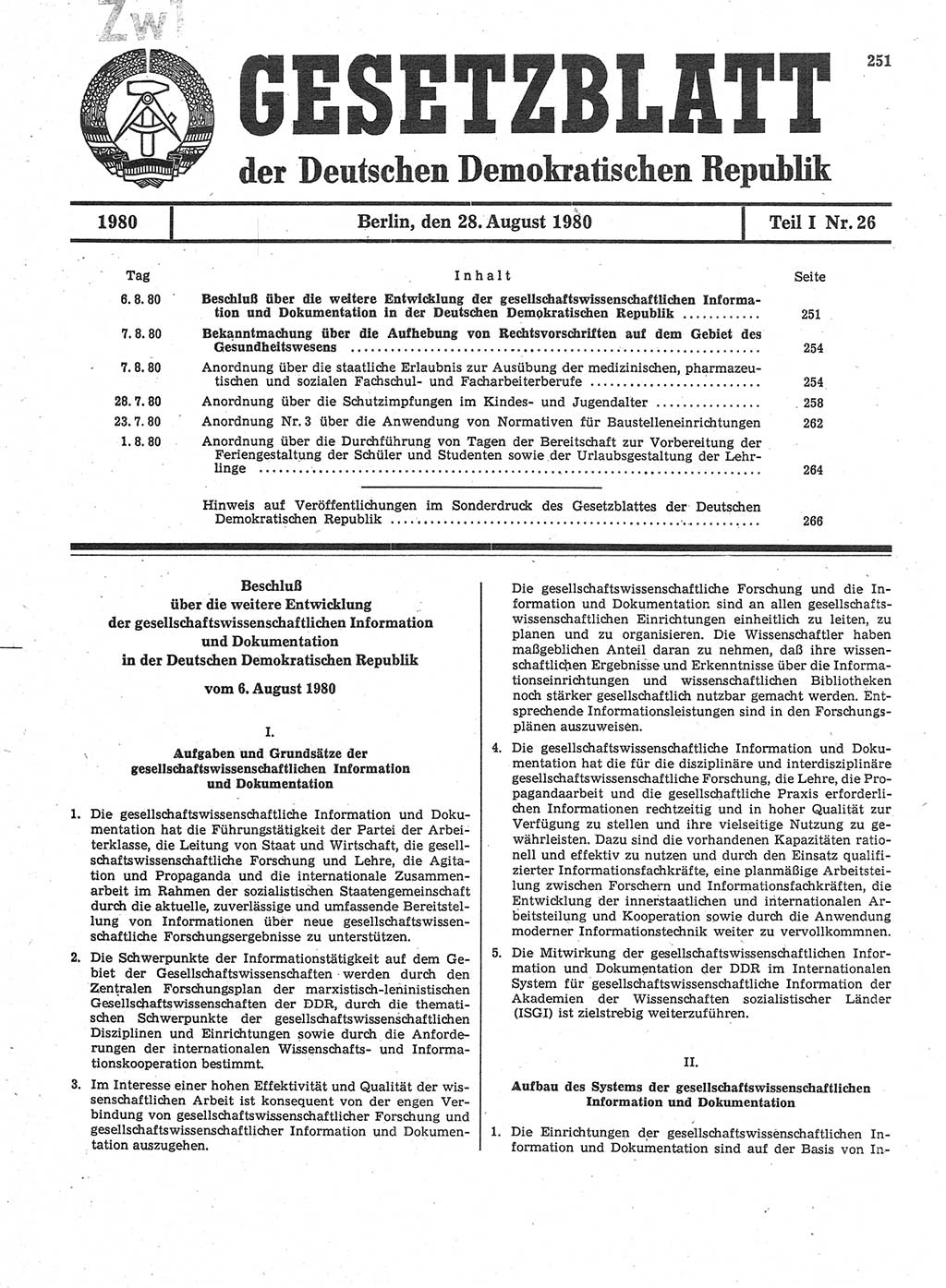 Gesetzblatt (GBl.) der Deutschen Demokratischen Republik (DDR) Teil Ⅰ 1980, Seite 251 (GBl. DDR Ⅰ 1980, S. 251)