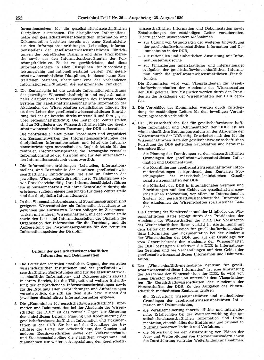Gesetzblatt (GBl.) der Deutschen Demokratischen Republik (DDR) Teil Ⅰ 1980, Seite 252 (GBl. DDR Ⅰ 1980, S. 252)