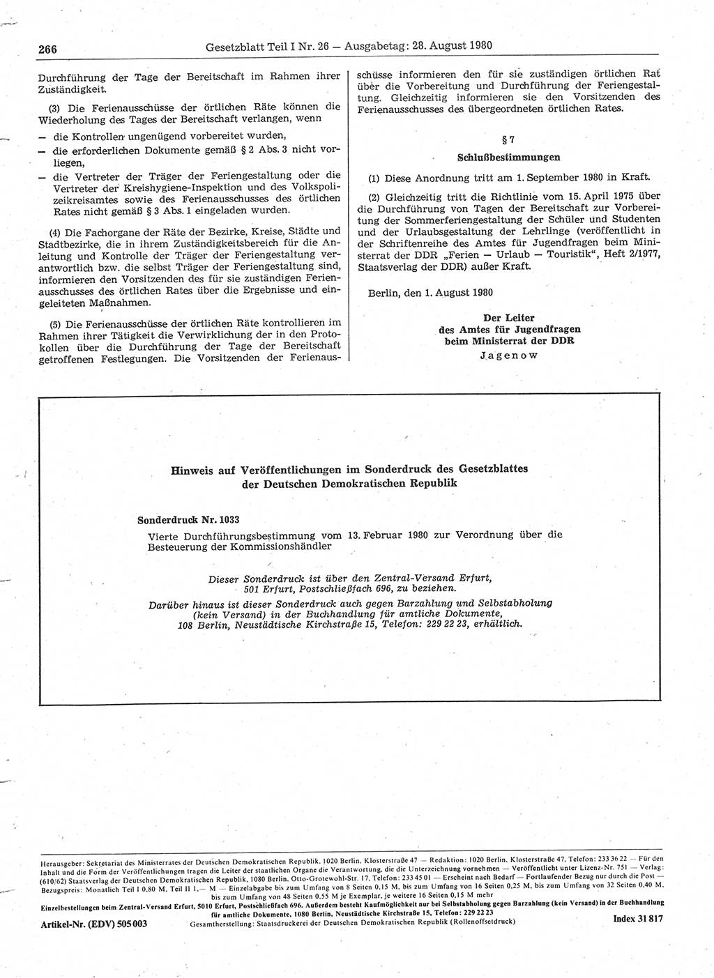 Gesetzblatt (GBl.) der Deutschen Demokratischen Republik (DDR) Teil Ⅰ 1980, Seite 266 (GBl. DDR Ⅰ 1980, S. 266)