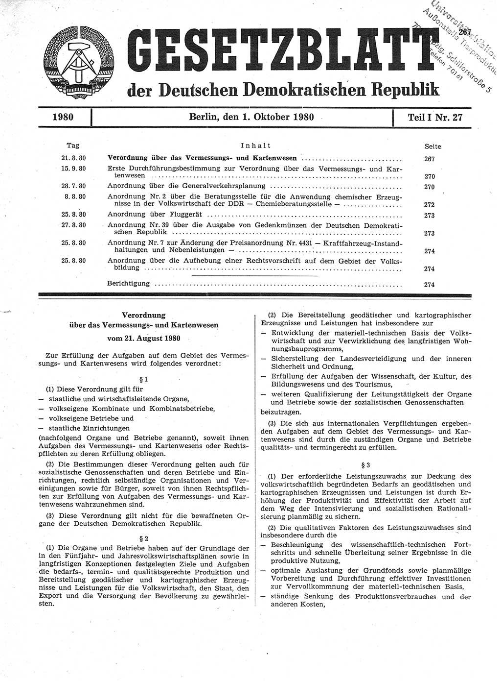 Gesetzblatt (GBl.) der Deutschen Demokratischen Republik (DDR) Teil Ⅰ 1980, Seite 267 (GBl. DDR Ⅰ 1980, S. 267)