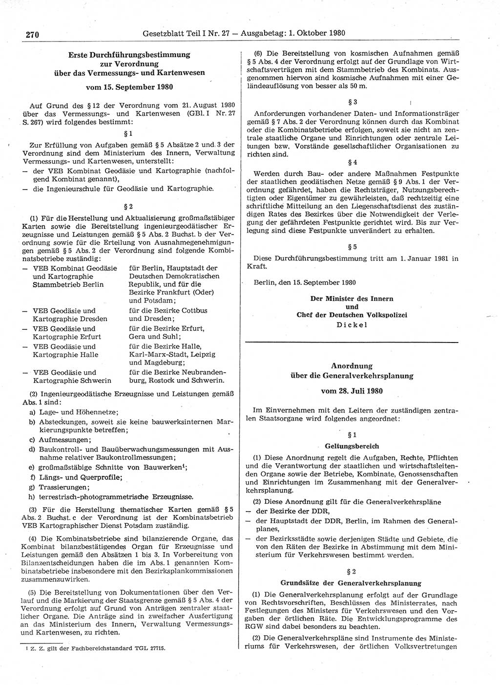 Gesetzblatt (GBl.) der Deutschen Demokratischen Republik (DDR) Teil Ⅰ 1980, Seite 270 (GBl. DDR Ⅰ 1980, S. 270)