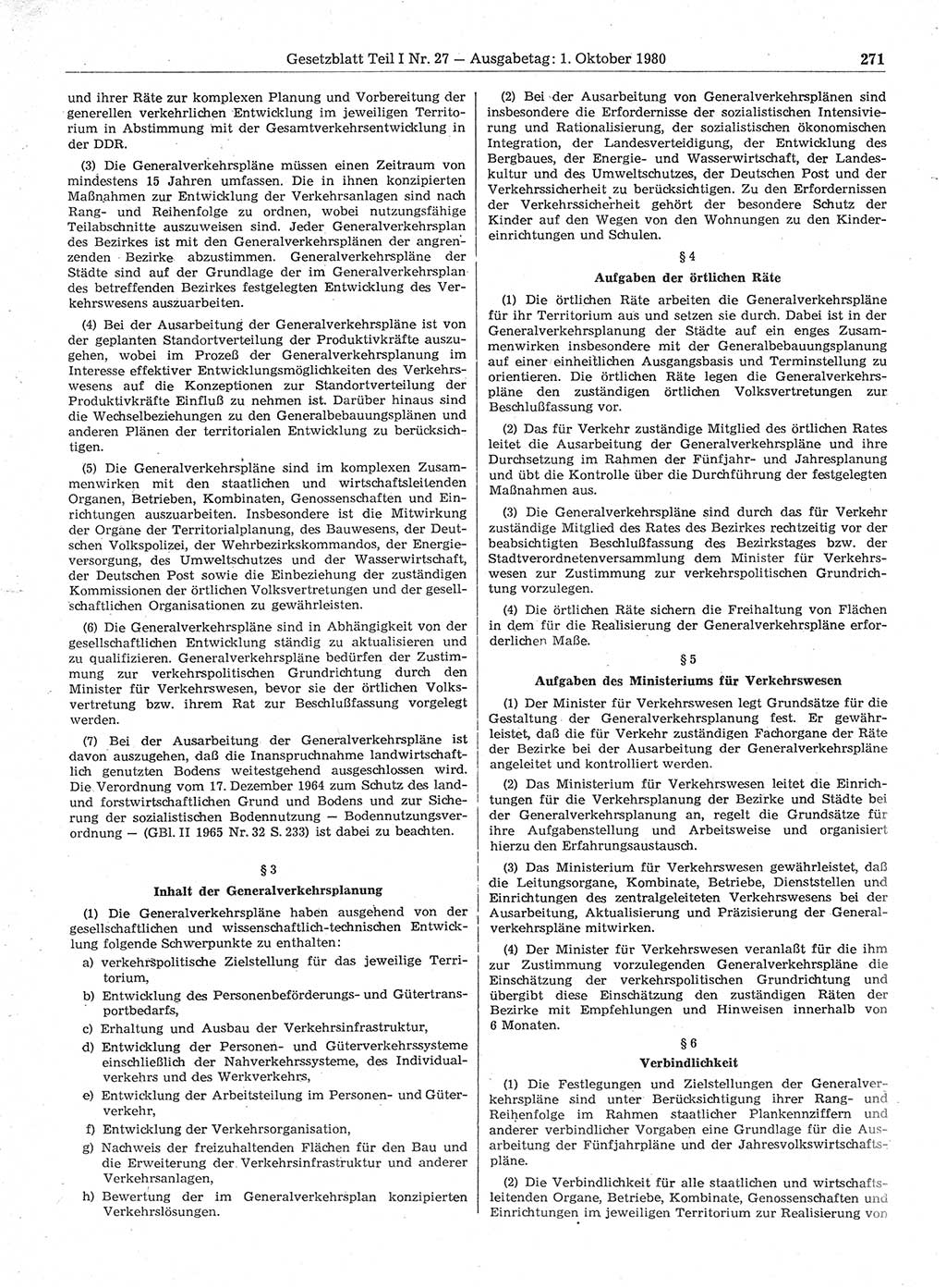 Gesetzblatt (GBl.) der Deutschen Demokratischen Republik (DDR) Teil Ⅰ 1980, Seite 271 (GBl. DDR Ⅰ 1980, S. 271)