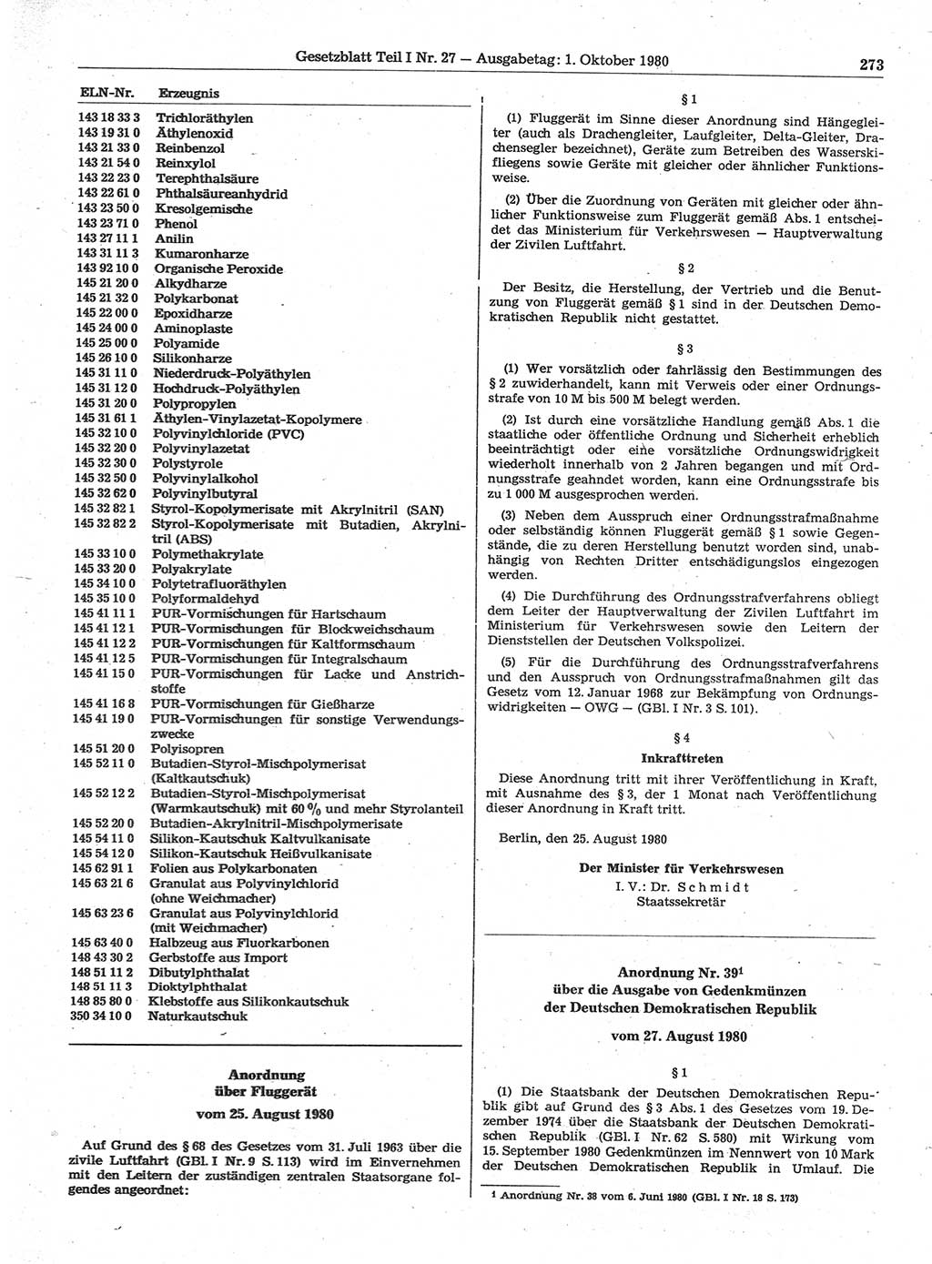 Gesetzblatt (GBl.) der Deutschen Demokratischen Republik (DDR) Teil Ⅰ 1980, Seite 273 (GBl. DDR Ⅰ 1980, S. 273)
