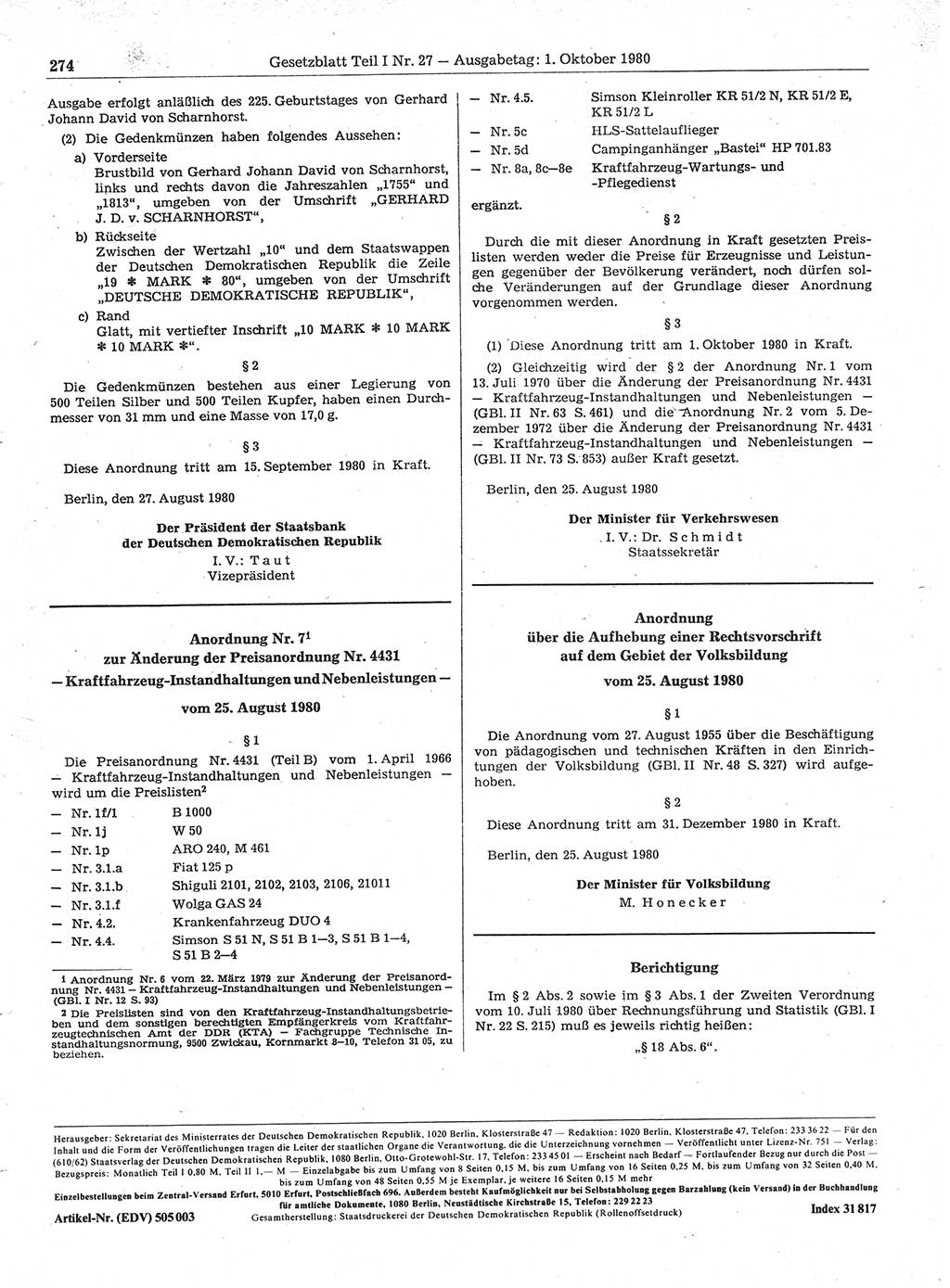 Gesetzblatt (GBl.) der Deutschen Demokratischen Republik (DDR) Teil Ⅰ 1980, Seite 274 (GBl. DDR Ⅰ 1980, S. 274)