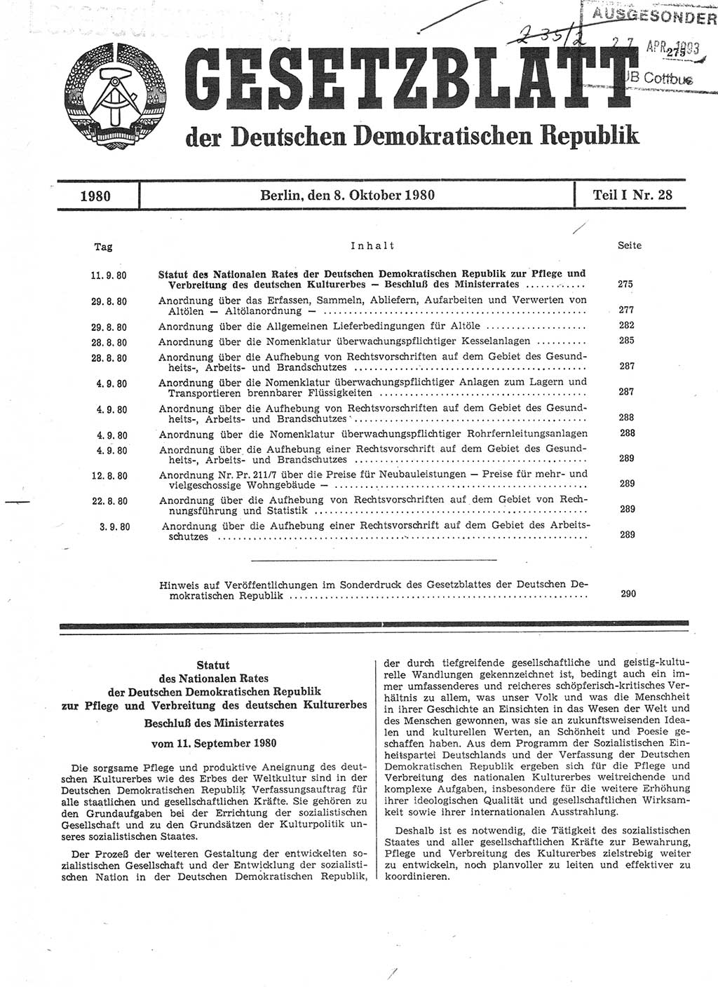 Gesetzblatt (GBl.) der Deutschen Demokratischen Republik (DDR) Teil Ⅰ 1980, Seite 275 (GBl. DDR Ⅰ 1980, S. 275)