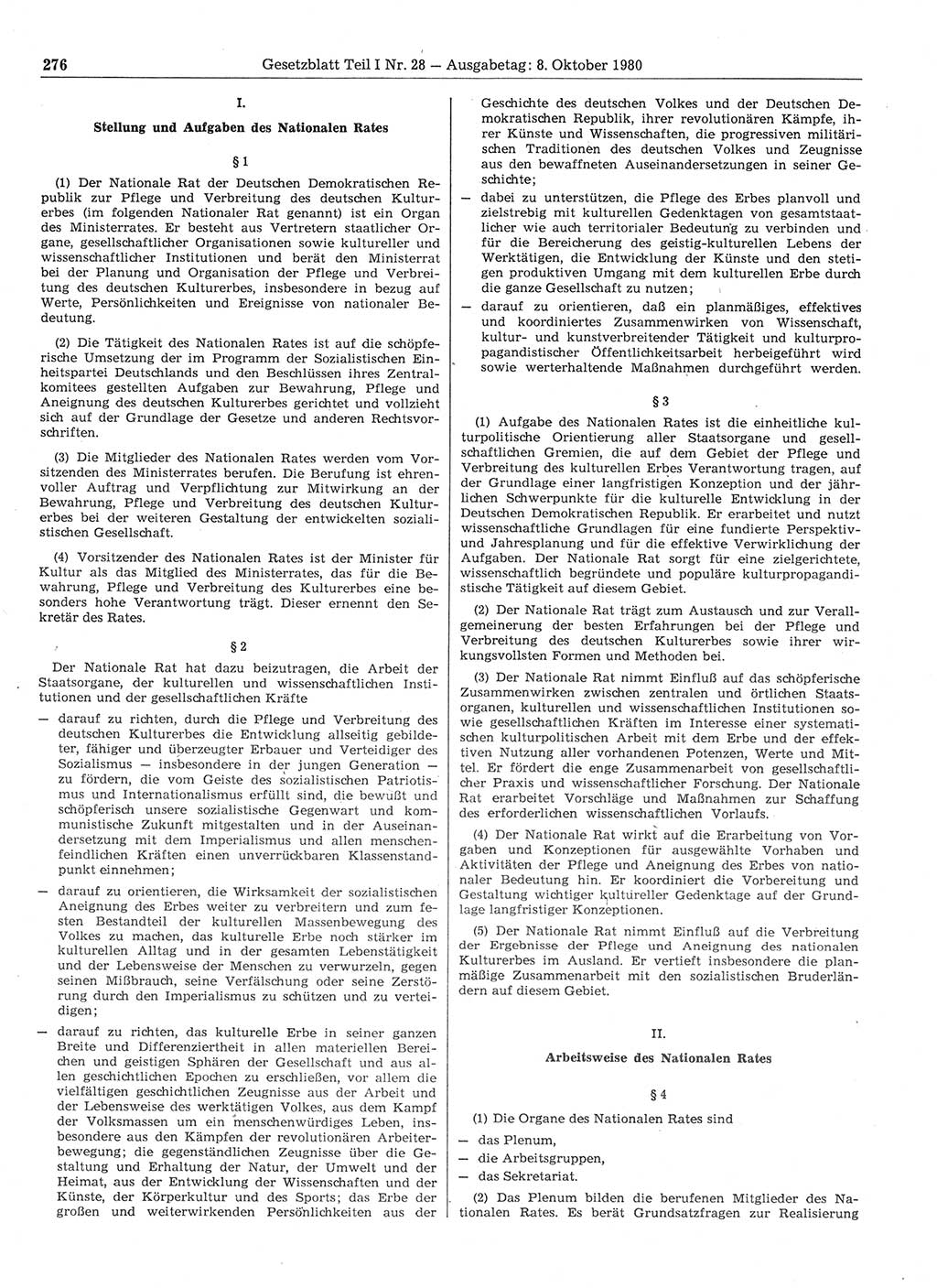 Gesetzblatt (GBl.) der Deutschen Demokratischen Republik (DDR) Teil Ⅰ 1980, Seite 276 (GBl. DDR Ⅰ 1980, S. 276)