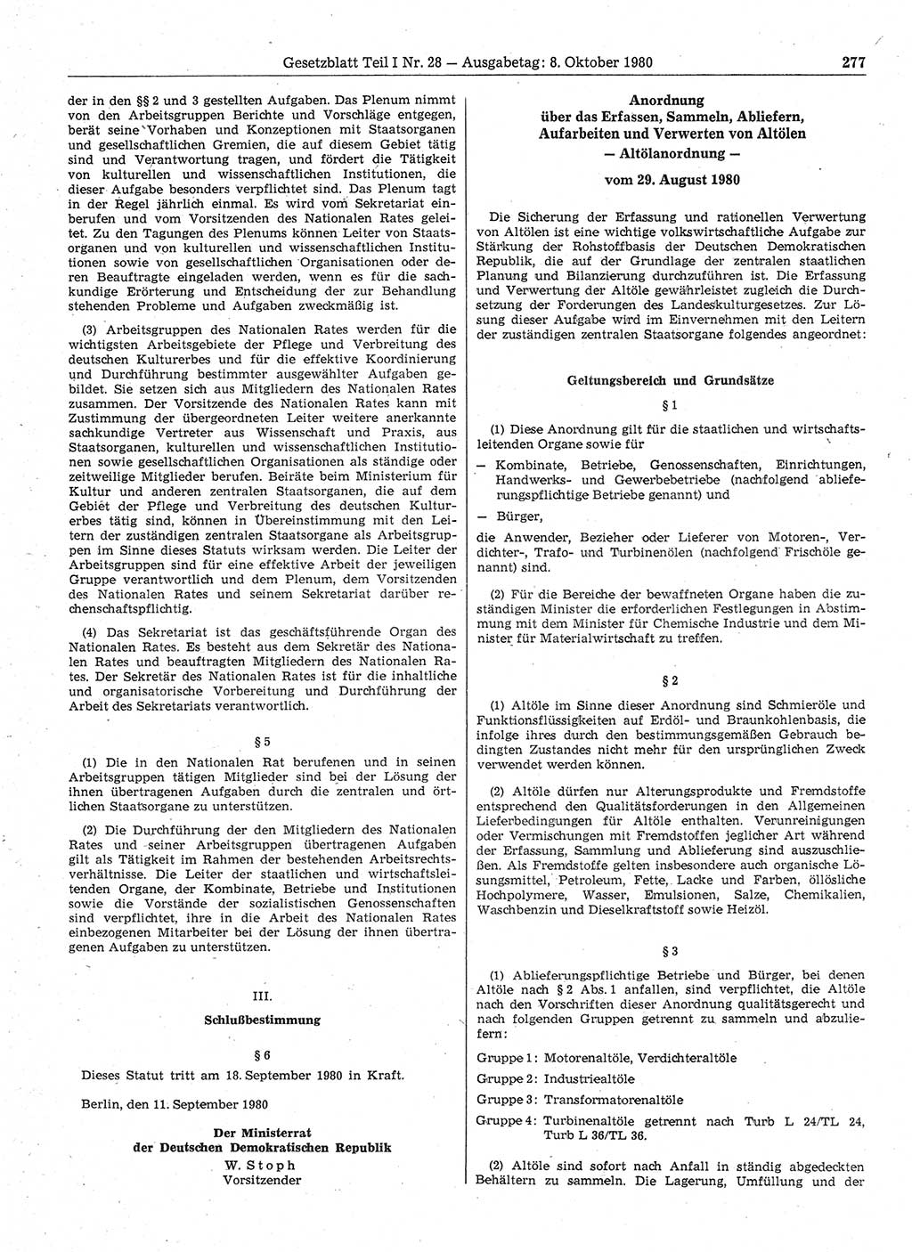 Gesetzblatt (GBl.) der Deutschen Demokratischen Republik (DDR) Teil Ⅰ 1980, Seite 277 (GBl. DDR Ⅰ 1980, S. 277)