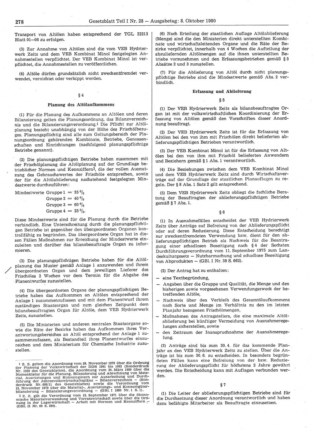 Gesetzblatt (GBl.) der Deutschen Demokratischen Republik (DDR) Teil Ⅰ 1980, Seite 278 (GBl. DDR Ⅰ 1980, S. 278)