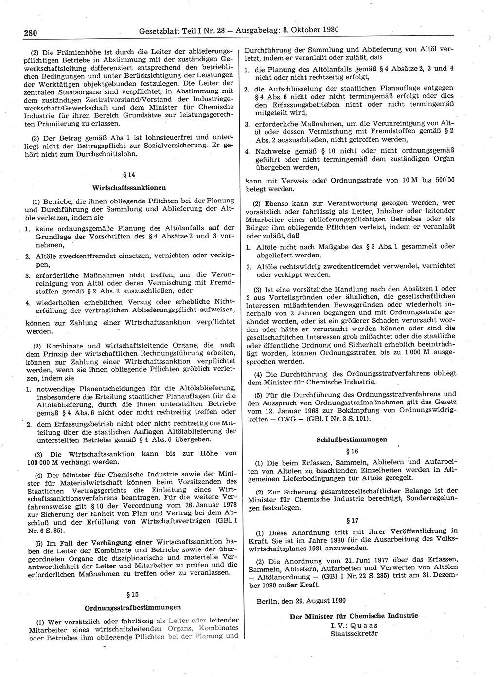 Gesetzblatt (GBl.) der Deutschen Demokratischen Republik (DDR) Teil Ⅰ 1980, Seite 280 (GBl. DDR Ⅰ 1980, S. 280)