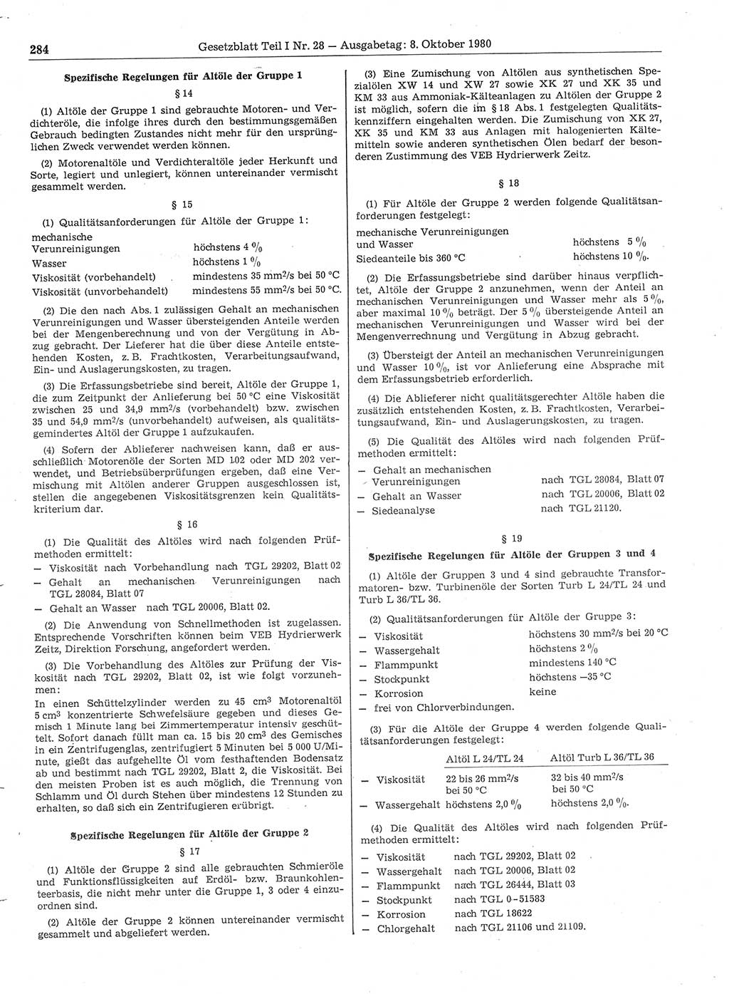 Gesetzblatt (GBl.) der Deutschen Demokratischen Republik (DDR) Teil Ⅰ 1980, Seite 284 (GBl. DDR Ⅰ 1980, S. 284)