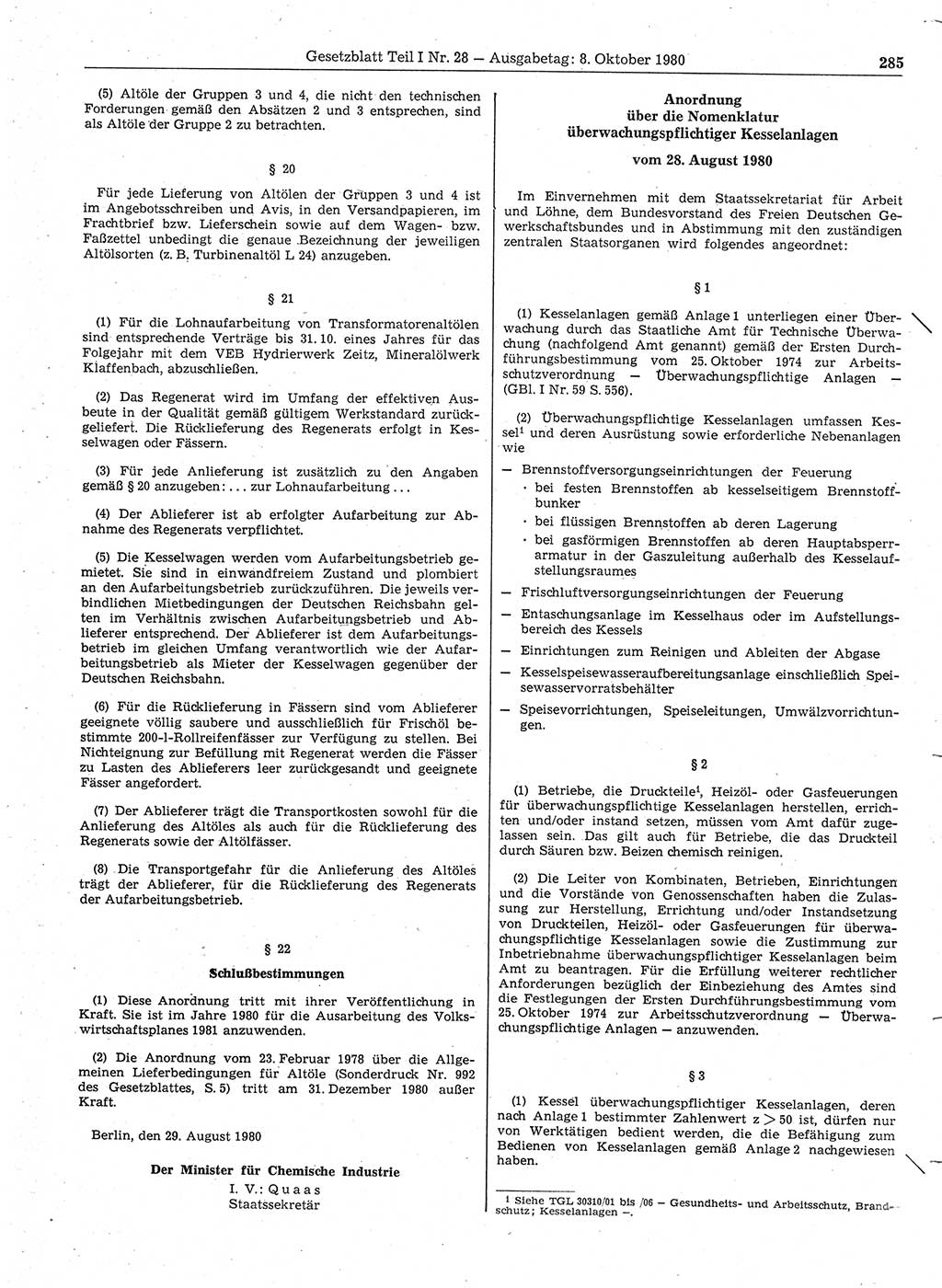 Gesetzblatt (GBl.) der Deutschen Demokratischen Republik (DDR) Teil Ⅰ 1980, Seite 285 (GBl. DDR Ⅰ 1980, S. 285)