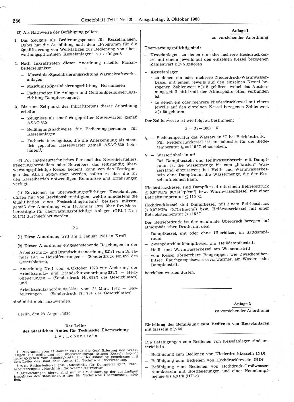 Gesetzblatt (GBl.) der Deutschen Demokratischen Republik (DDR) Teil Ⅰ 1980, Seite 286 (GBl. DDR Ⅰ 1980, S. 286)