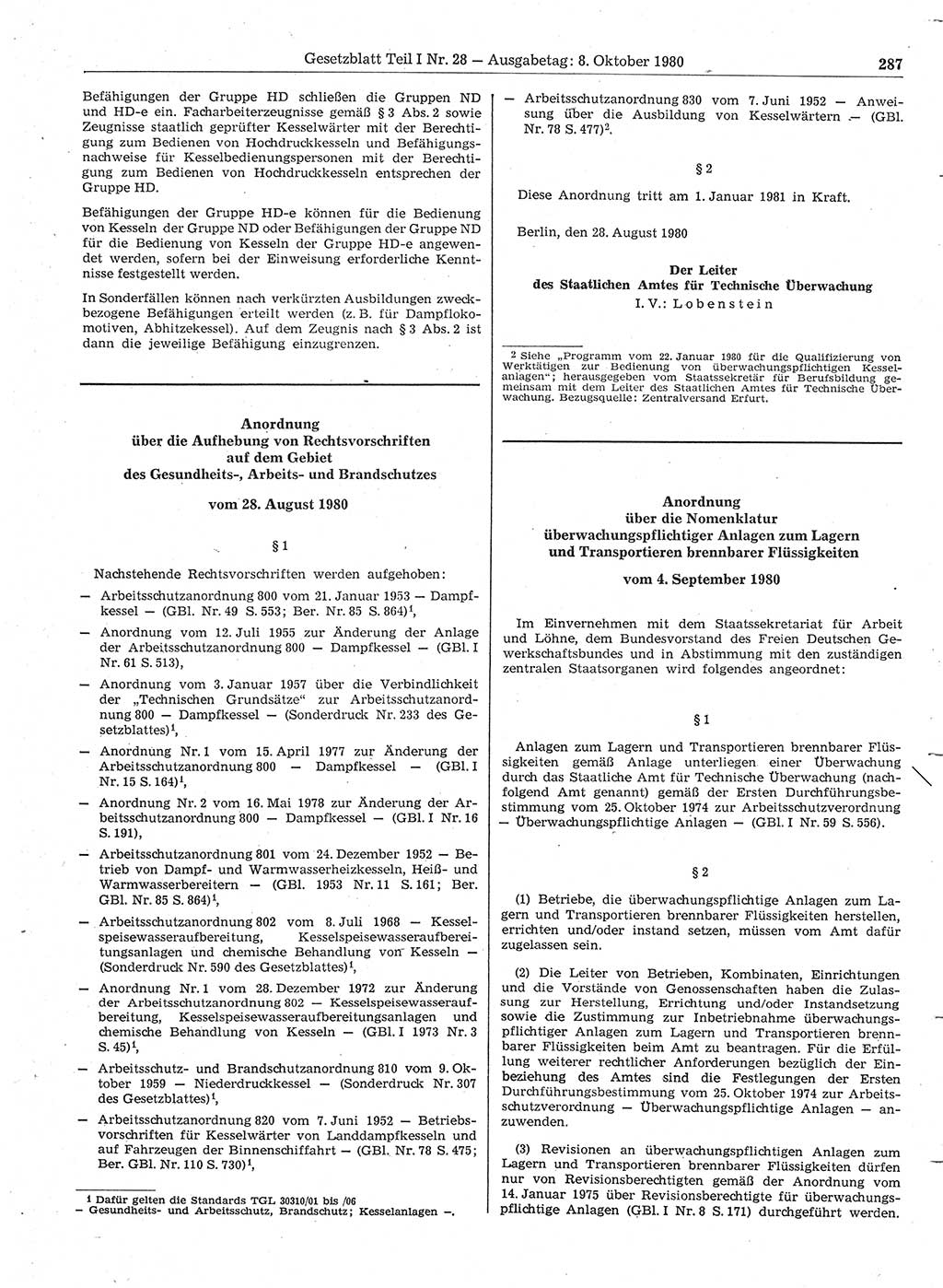 Gesetzblatt (GBl.) der Deutschen Demokratischen Republik (DDR) Teil Ⅰ 1980, Seite 287 (GBl. DDR Ⅰ 1980, S. 287)