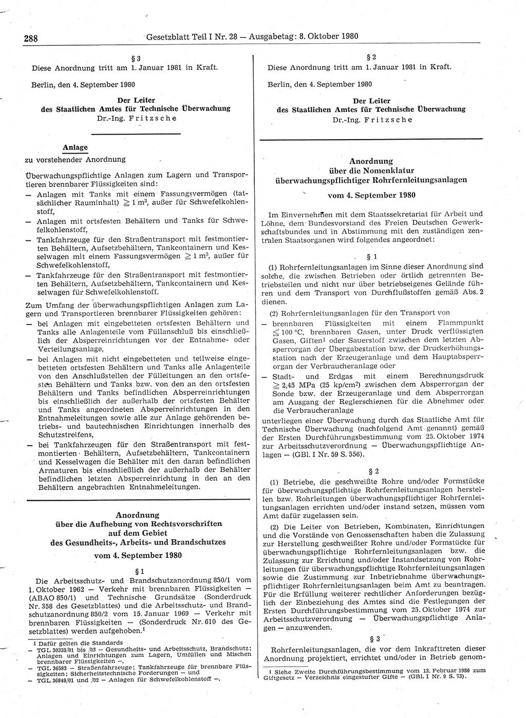 Gesetzblatt (GBl.) der Deutschen Demokratischen Republik (DDR) Teil Ⅰ 1980, Seite 288 (GBl. DDR Ⅰ 1980, S. 288)