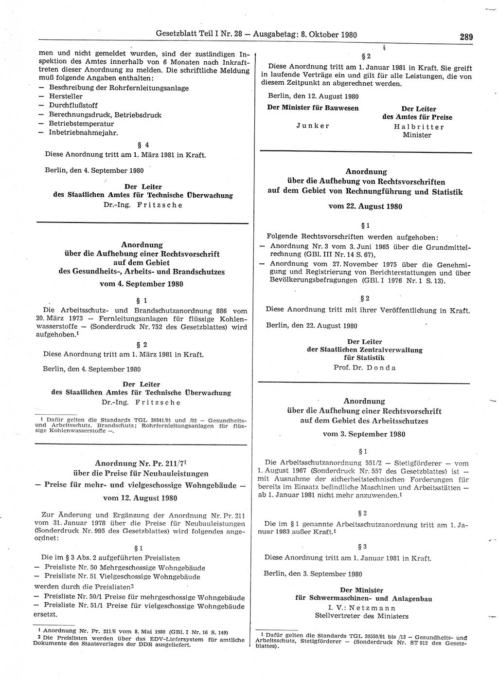 Gesetzblatt (GBl.) der Deutschen Demokratischen Republik (DDR) Teil Ⅰ 1980, Seite 289 (GBl. DDR Ⅰ 1980, S. 289)