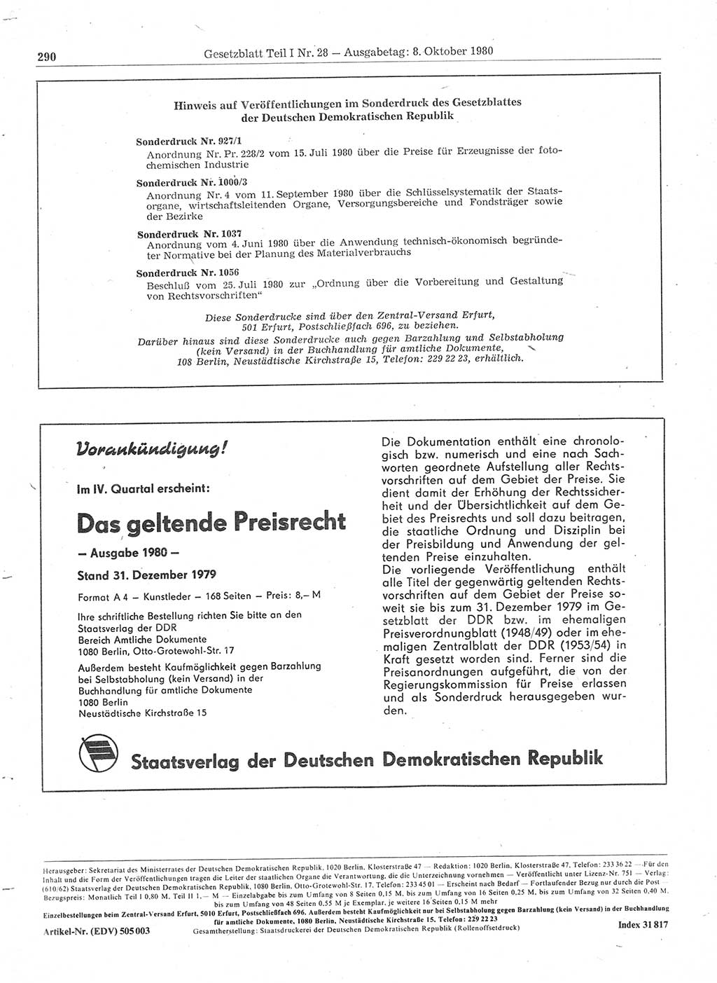 Gesetzblatt (GBl.) der Deutschen Demokratischen Republik (DDR) Teil Ⅰ 1980, Seite 290 (GBl. DDR Ⅰ 1980, S. 290)