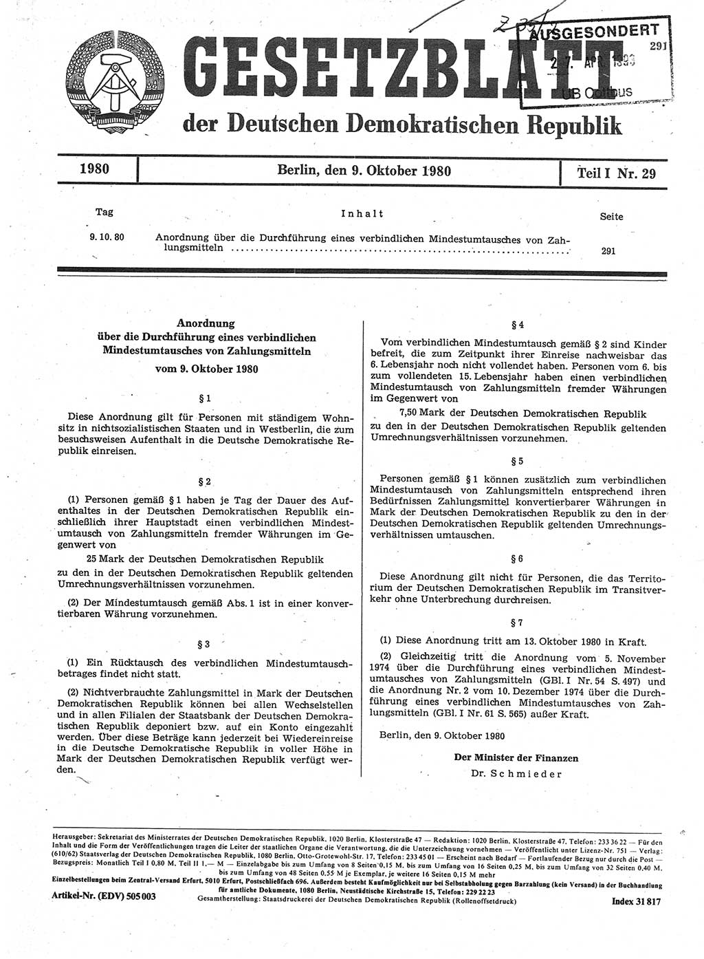 Gesetzblatt (GBl.) der Deutschen Demokratischen Republik (DDR) Teil Ⅰ 1980, Seite 291 (GBl. DDR Ⅰ 1980, S. 291)