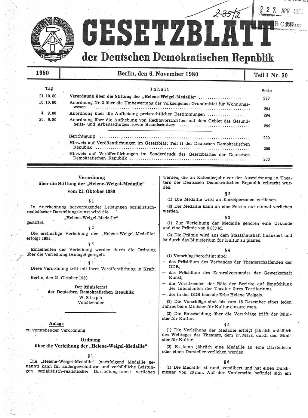 Gesetzblatt (GBl.) der Deutschen Demokratischen Republik (DDR) Teil Ⅰ 1980, Seite 293 (GBl. DDR Ⅰ 1980, S. 293)