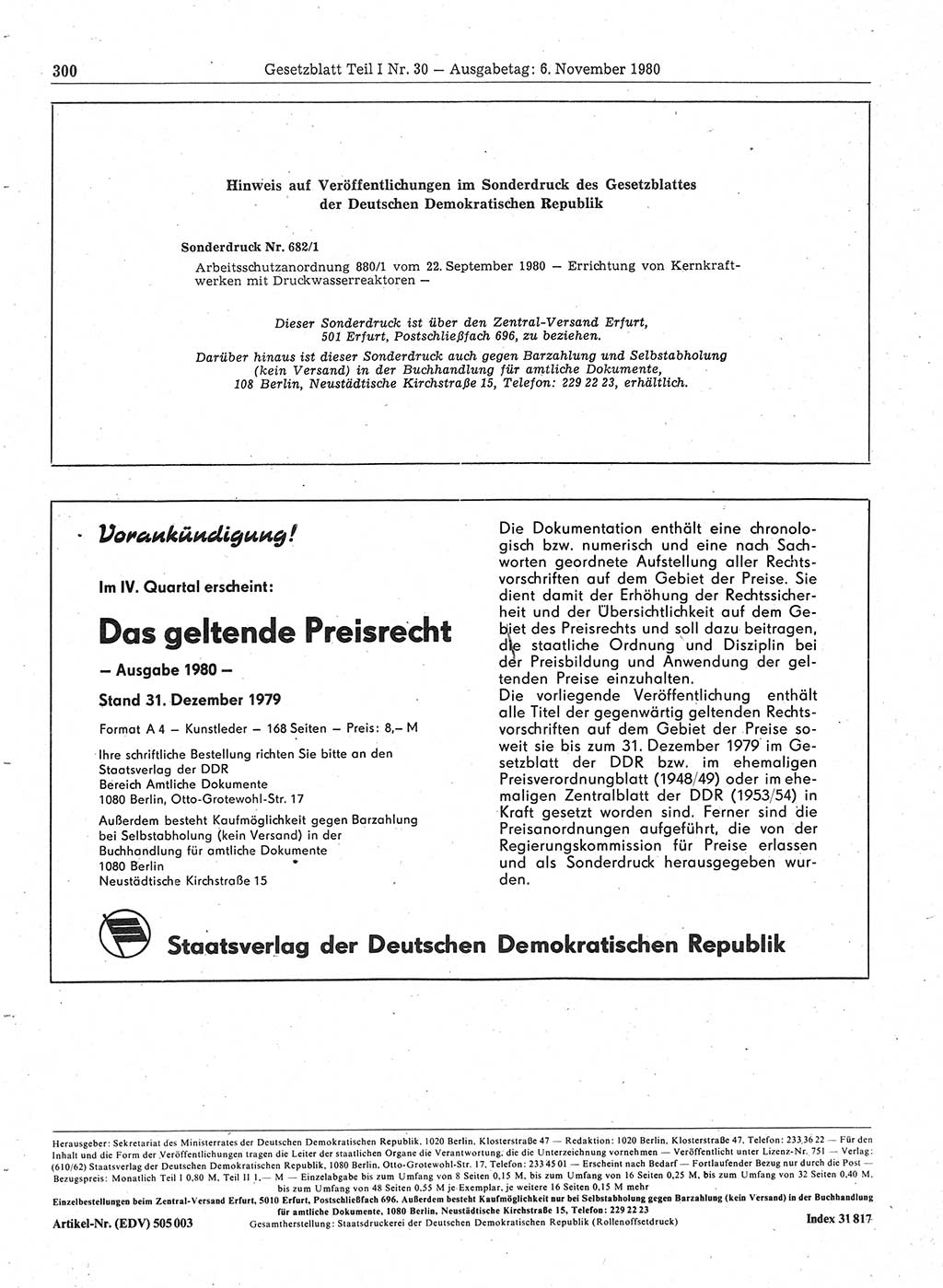 Gesetzblatt (GBl.) der Deutschen Demokratischen Republik (DDR) Teil Ⅰ 1980, Seite 300 (GBl. DDR Ⅰ 1980, S. 300)