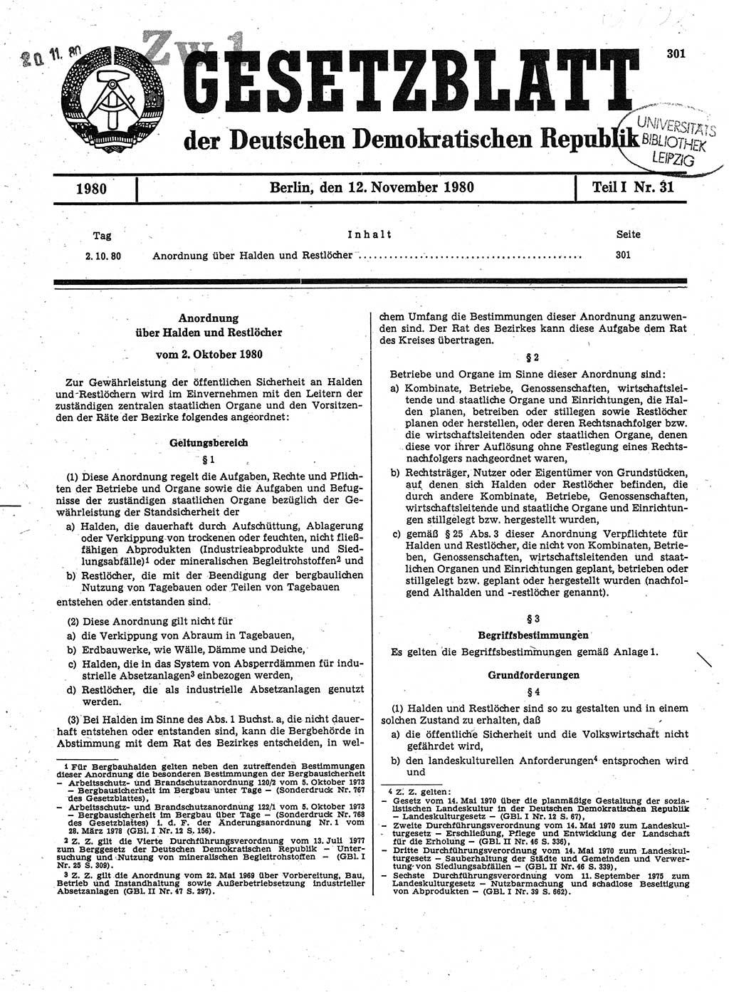 Gesetzblatt (GBl.) der Deutschen Demokratischen Republik (DDR) Teil Ⅰ 1980, Seite 301 (GBl. DDR Ⅰ 1980, S. 301)