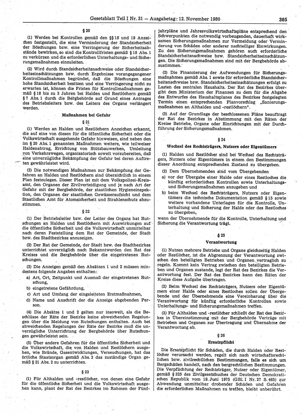 Gesetzblatt (GBl.) der Deutschen Demokratischen Republik (DDR) Teil Ⅰ 1980, Seite 305 (GBl. DDR Ⅰ 1980, S. 305)