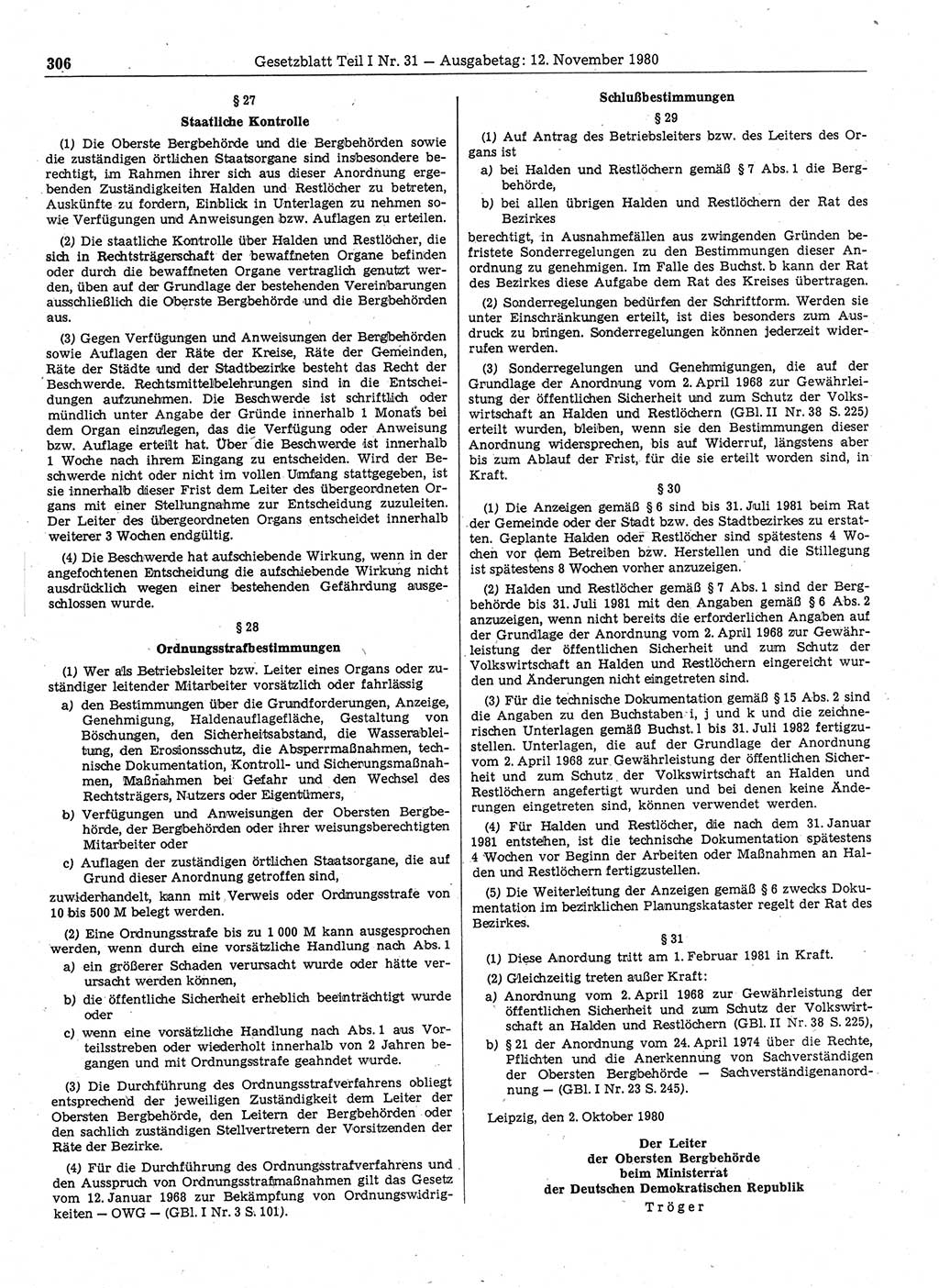Gesetzblatt (GBl.) der Deutschen Demokratischen Republik (DDR) Teil Ⅰ 1980, Seite 306 (GBl. DDR Ⅰ 1980, S. 306)